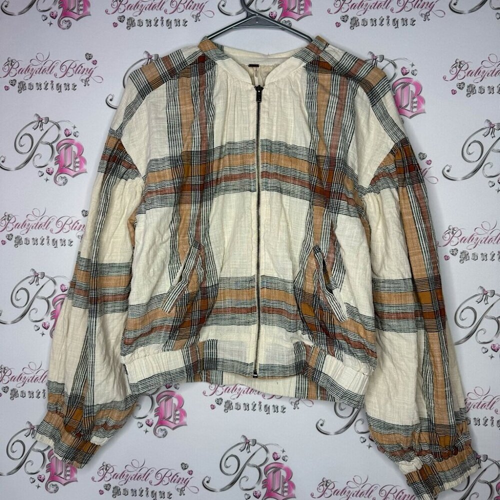 free people mattie plaid farmcore cotton bomber jacket white brown puff sleeve